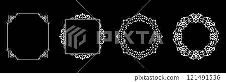 Set of decorative frames Elegant vector element for design in Eastern style, place for text. Floral black and white borders. Lace illustration for invitations and greeting cards. 121491536