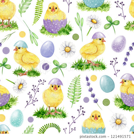Easter mood seamless pattern with adorable chicks, painted eggs, daisies, lavender and spring elements. Painted vintage style illustration. Perfect for Easter decor, spring crafts and festive designs 121491571