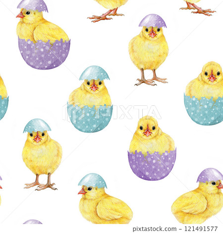 Easter mood cute yellow chicks with pastel color painted eggs seamless pattern on white background. Hand drawn vintage style illustration. Perfect for Easter festive decoration and spring crafts Easter mood cute yellow chicks with pastel color painted eggs seamless pattern on white background. Hand drawn vintage style illustration. Perfect for Easter festive decoration and spring crafts 121491577
