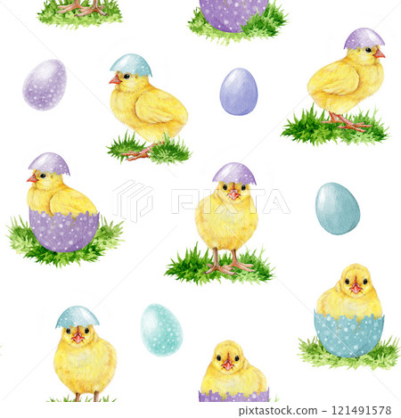 Easter mood seamless pattern from adorable yellow chicks with pastel color painted eggs on white background. Hand drawn vintage style illustration. Perfect for Easter festive decor and spring crafts Easter mood seamless pattern from adorable yellow chicks with pastel color painted eggs on white background. Hand drawn vintage style illustration. Perfect for Easter festive decor and spring crafts 121491578