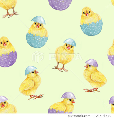 Easter mood funny cute yellow chicks with pastel color painted eggs seamless pattern. Hand drawn vintage style watercolor illustration. Perfect for Easter festive decoration and spring crafts Easter mood funny cute yellow chicks with pastel color painted eggs seamless pattern. Hand drawn vintage style watercolor illustration. Perfect for Easter festive decoration and spring crafts 121491579