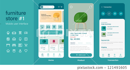Mobile app user interface UI kit UX of furniture shop online store e-commerce website layout smartphone mockup in vector 121491605