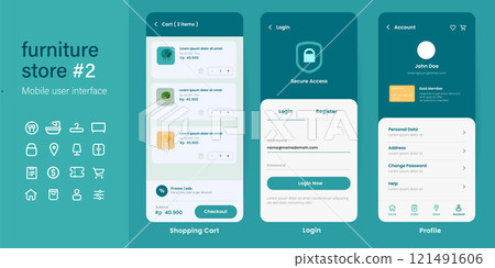 UI user interface mobile app design layout interface of furniture online store e-commerce from login shopping cart to account profile page UI user interface mobile app design layout interface of furniture online store e-commerce from login shopping cart to account profile page 121491606