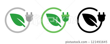 green eco electricity energy cable plug and leaf icon set collection 121491645