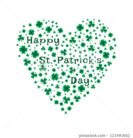 Happy St. Patricks Day clover heart. Green heart from clover or shamrock leaves. St. Patricks Day background. Vector template for greeting card, flayer, brochure, social media.  121491682