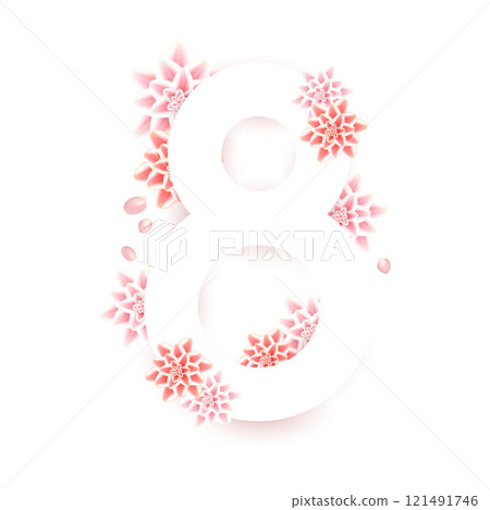 March 8, postcard, 3d delicate flowers, on white background international womens day. March 8, postcard, 3d delicate flowers, on white background international womens day. 121491746