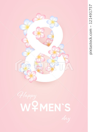 March 8, greeting card, 3d delicate flowers, international womens day. 121491757