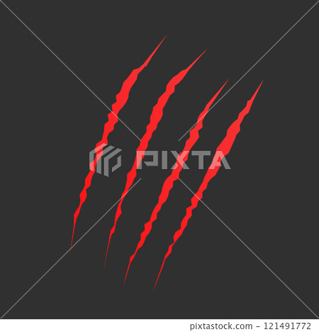 Cat scratch. Realistic Animal claws marks in red. Monster or dragon flat scratch marks. Damaged breaks and hollow scraps. Vector illustration Cat scratch. Realistic Animal claws marks in red. Monster or dragon flat scratch marks. Damaged breaks and hollow scraps. Vector illustration 121491772