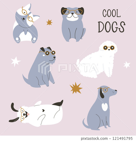 Set of funny superstar dogs in glasses. Vector illustration of adorable animal 121491795