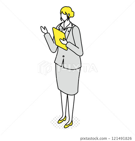 Isometric illustration of a woman in a suit holding a binder 121491826