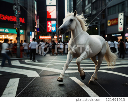 A thoroughbred roaming the big city 121491913