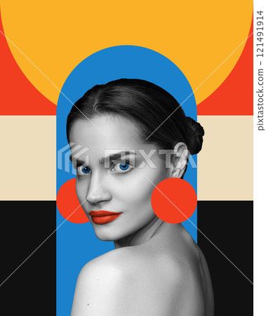 Black and white portrait of beautiful young woman with red accents lips against colorful backgrounds with abstract geometric shapes. Contemporary art collage. 121491914