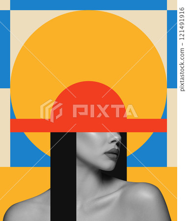 Half face black and white portrait of attractive young woman again colorful background with abstract geometric elements. Contemporary art collage. 121491916