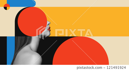 Side view portrait of beautiful woman with head covered with red circle against background with colorful geometric shapes. Contemporary art collage. 121491924