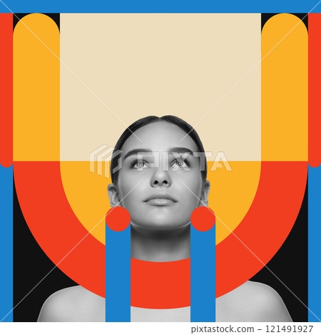 Attractive young woman with well-kept perfect skin against multicolored background with abstract geometric shapes. Contemporary art collage. 121491927