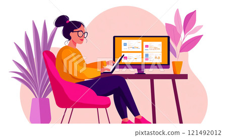 woman working on laptop at desk with computer screen displaying data 121492012