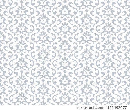 Floral pattern. Vintage wallpaper in the Baroque style. Seamless vector background. White and gray ornament for fabric, wallpaper, packaging. Ornate Damask flower ornament 121492077