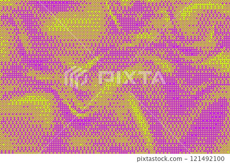 Pixel background with bitmap pattern. Retro game dotted gradient effect. Vector dither gradation. Abstract glitch digital noise. Grainy pink and green halftone wavy vintage wallpaper 121492100