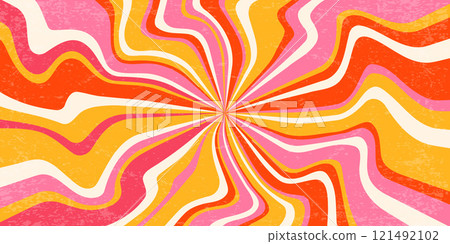 Retro background with spiral sunburst. Vector swirl textured radial pattern with rays. Vintage abstract wavy pink and orange striped vortex. 70s funky psychedelic disco bg. Retro background with spiral sunburst. Vector swirl textured radial pattern with rays. Vintage abstract wavy pink and orange striped vortex. 70s funky psychedelic disco bg. 121492102