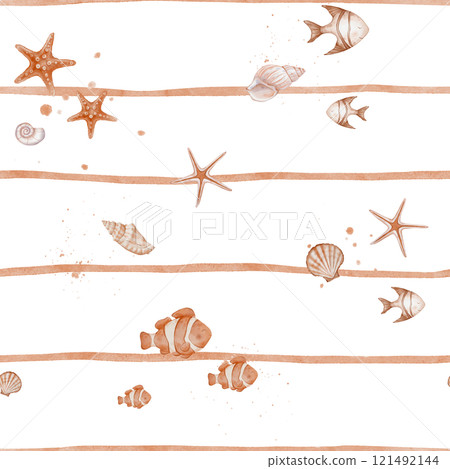 Watercolor seamless Pattern with Undersea animals and sea shell on striped background for kid. Nautical background with childish fish and starfish for baby textile or nursery wallpaper in pastel color Watercolor seamless Pattern with Undersea animals and sea shell on striped background for kid. Nautical background with childish fish and starfish for baby textile or nursery wallpaper in pastel color 121492144