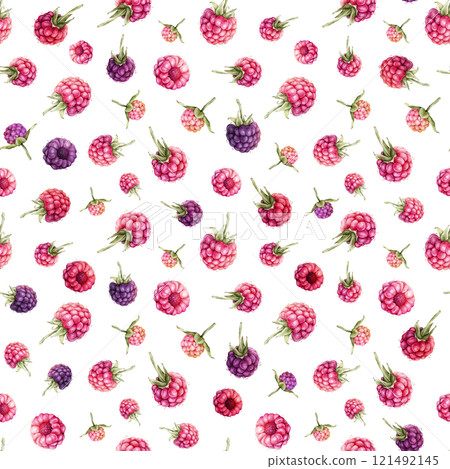 Watercolor seamless pattern with Raspberries and blackberries. Hand drawing illustration red and violet berries. Graphic design element isolated on white background. 121492145