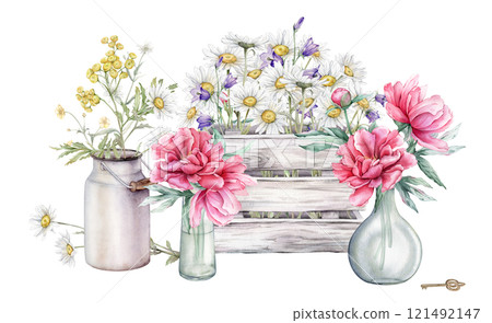 Watercolor bouquet of white blossom flowers chamomile and bluebell in wooden box and bouquet tansy in metal can. Flowers peonies in glass vases with key. Hand drawn illustration isolated on background Watercolor bouquet of white blossom flowers chamomile and bluebell in wooden box and bouquet tansy in metal can. Flowers peonies in glass vases with key. Hand drawn illustration isolated on background 121492147