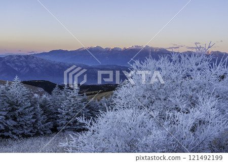 Morning glow painting the Central Alps pink from Kirigamine Plateau at dawn 121492199