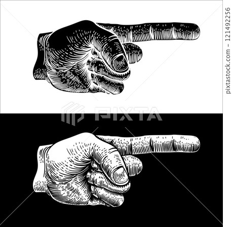 Hand Pointing Finger Etched Vintage Woodcut Style Hand Pointing Finger Etched Vintage Woodcut Style 121492256