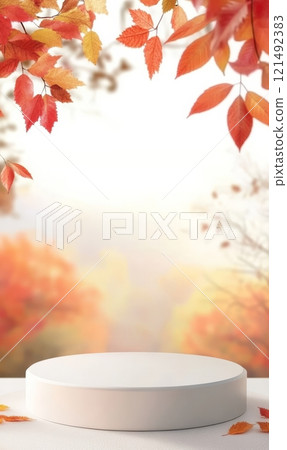 Empty white round podium stage with minimalistic style autumn leaves 121492383