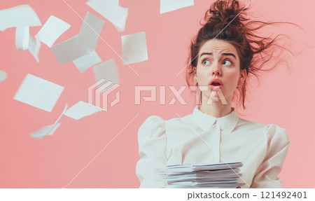 Surprised woman with big stack of paper documents, workload overtime concept 121492401