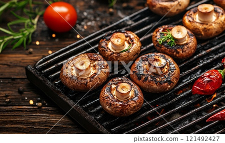 Grilled champignon mushroom on grill, healthy food concept 121492427