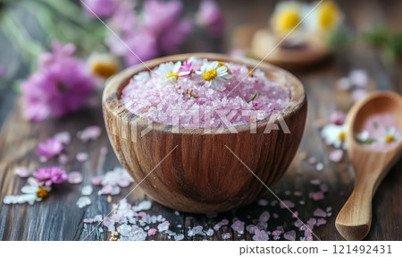 Salt scrub in bowl with flowers decoration on rustic background, cosmetic and spa concept 121492431