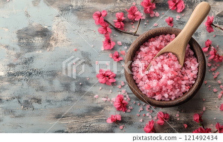 Salt scrub in bowl with flowers decoration on rustic background, cosmetic and spa concept 121492434