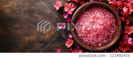 Salt scrub in bowl with flowers decoration on rustic background, cosmetic and spa concept 121492435