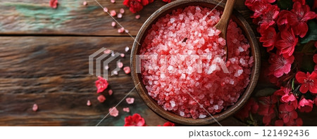 Salt scrub in bowl with flowers decoration on rustic background, cosmetic and spa concept 121492436
