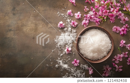 Salt scrub in bowl with flowers decoration on rustic background, cosmetic and spa concept 121492438