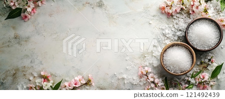 Salt scrub in bowl with flowers decoration on rustic background, cosmetic and spa concept 121492439