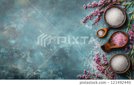 Salt scrub in bowl with flowers decoration on rustic background, cosmetic and spa concept 121492440