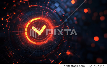 Futuristic technology concept. Technological interface with checked items in checklist. On dark background. Futuristic technology concept. Technological interface with checked items in checklist. On dark background. 121492444
