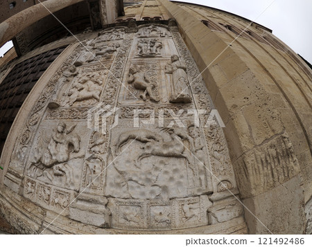 San Zeno Basilica Church in Verona Italy, detail of exterior sculptures and bas relief 121492486