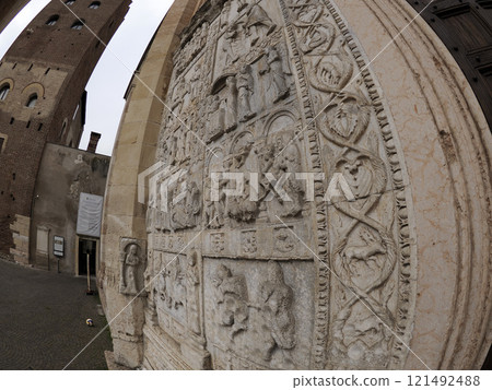 San Zeno Basilica Church in Verona Italy, detail of exterior sculptures and bas relief 121492488