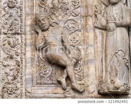 San Zeno Basilica Church in Verona Italy, detail of exterior sculptures and bas relief 121492491