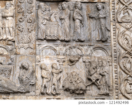 San Zeno Basilica Church in Verona Italy, detail of exterior sculptures and bas relief 121492496