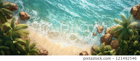 Tropical beach with palm trees. Aerial drone view, view from above 121492546