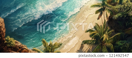 Tropical beach with palm trees. Aerial drone view, view from above 121492547