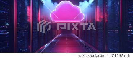 Futuristic technology concept, cloud computing concept. Cloud symbol with glowing connection lines on dark technological background 121492566