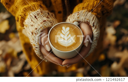 Latte coffee in woman hands, cozy autumn or winter concept 121492617