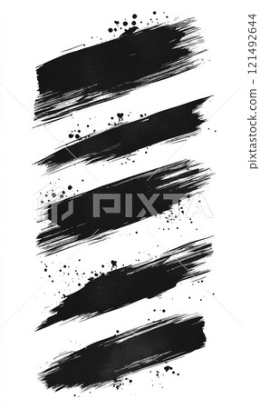 Black watercolor grunge stains and rectangle lines set with splashes, abstract banners 121492644