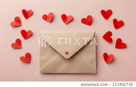Envelope with hearts on light pink background, concept for Valentine's day holiday 121492716