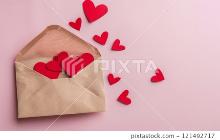 Envelope with hearts on light pink background, concept for Valentine's day holiday Envelope with hearts on light pink background, concept for Valentine's day holiday 121492717